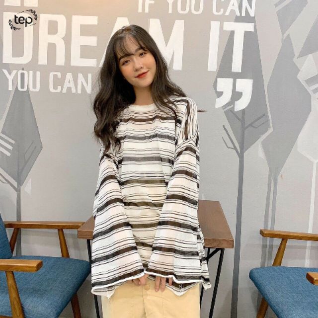 Áo len thụng phối kẻ form rộng [ Ảnh thật