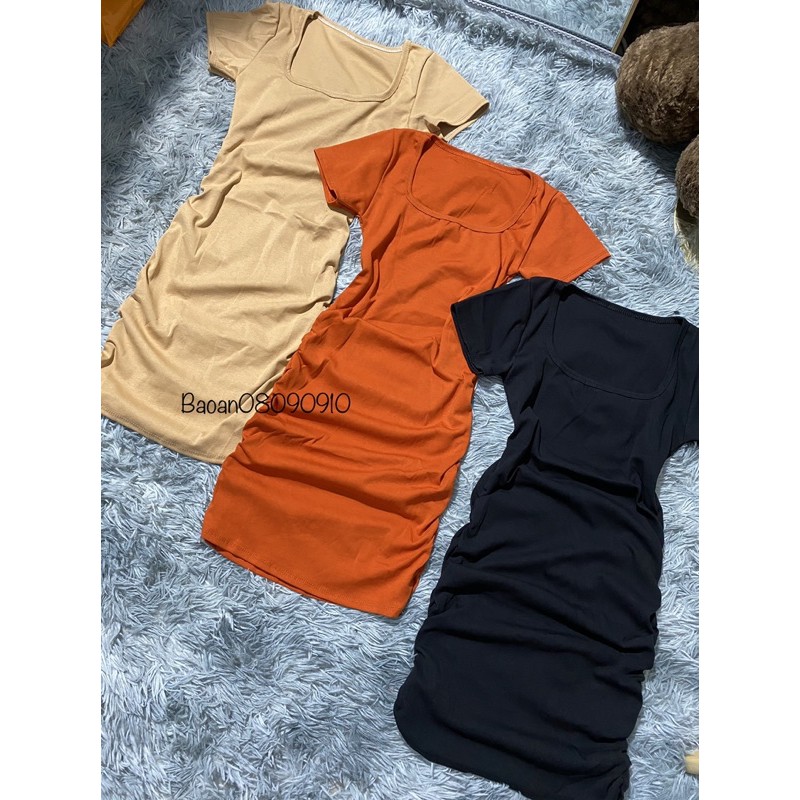 Đầm ôm body cổ vuông tay ngắn nhún sườn chất thun Borip FreeSize dưới 53kg dành cho nữ | BigBuy360 - bigbuy360.vn