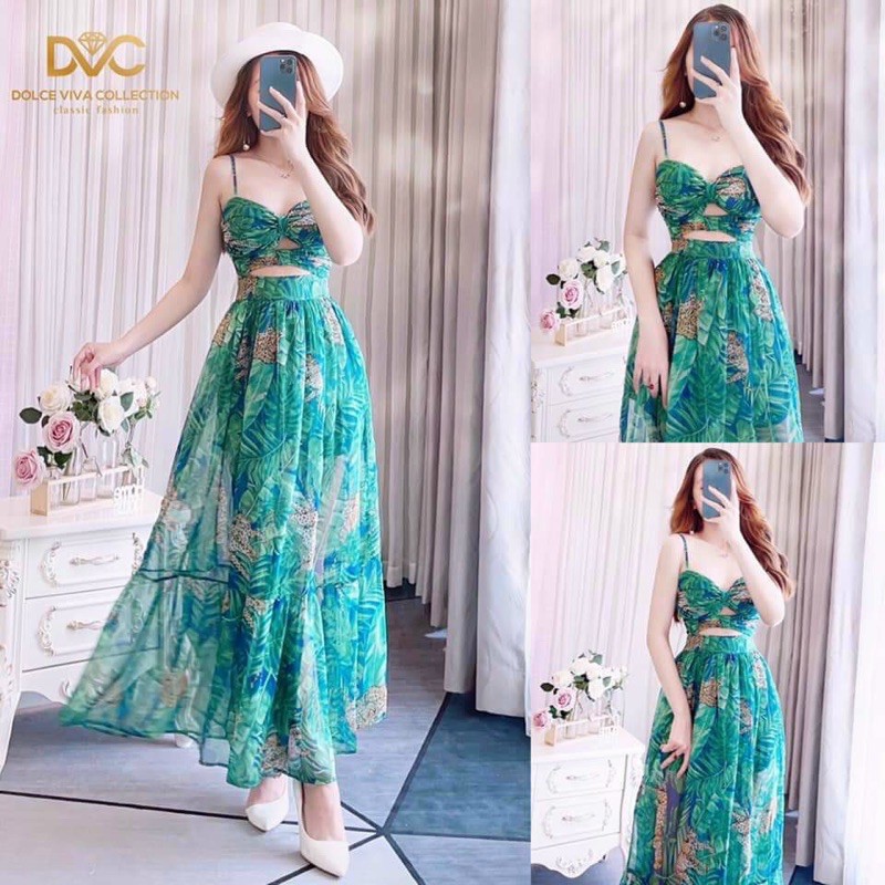 [Có đủ size 40-70kg] Đầm maxi hoa xanh hai dây khoét eo xẻ tà chất voan tơ (Ảnh thật trãi sàn)