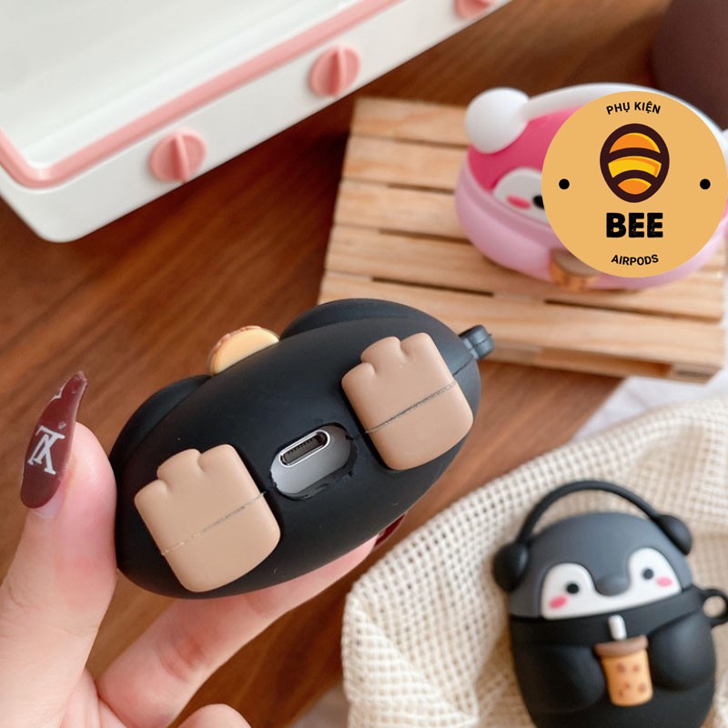 Case Airpod 1 2 Pro Đựng Tai Nghe Airpods Chim Cánh Cụt Uống Trà Sữa Nghe Nhạc Dễ Thương Chất Liệu Silicon  - BEE SHOP