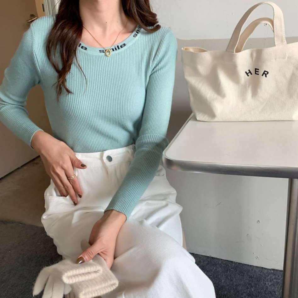 【ZHELIHANGFEI】Áo Dệt Kim Tay Dài Thêu Chữ Cá Tính Trẻ Trung Hợp Thời Trang