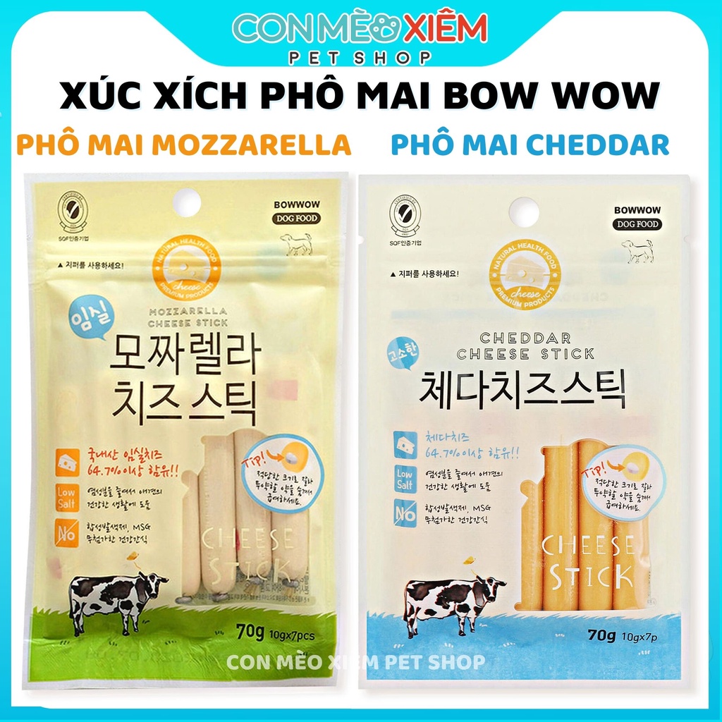 Xúc xích phô mai cho chó Bow wow mozzarella cheddar 70g, thức ăn vặt dinh dưỡng tăng cân cún lớn nhỏ Con Mèo Xiêm