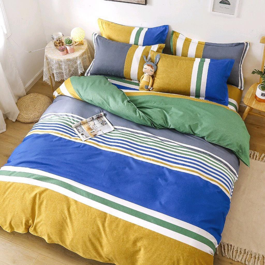 Bộ chăn ga gối drap giường chất cotton poly họa tiết kẻ mix vàng xanh