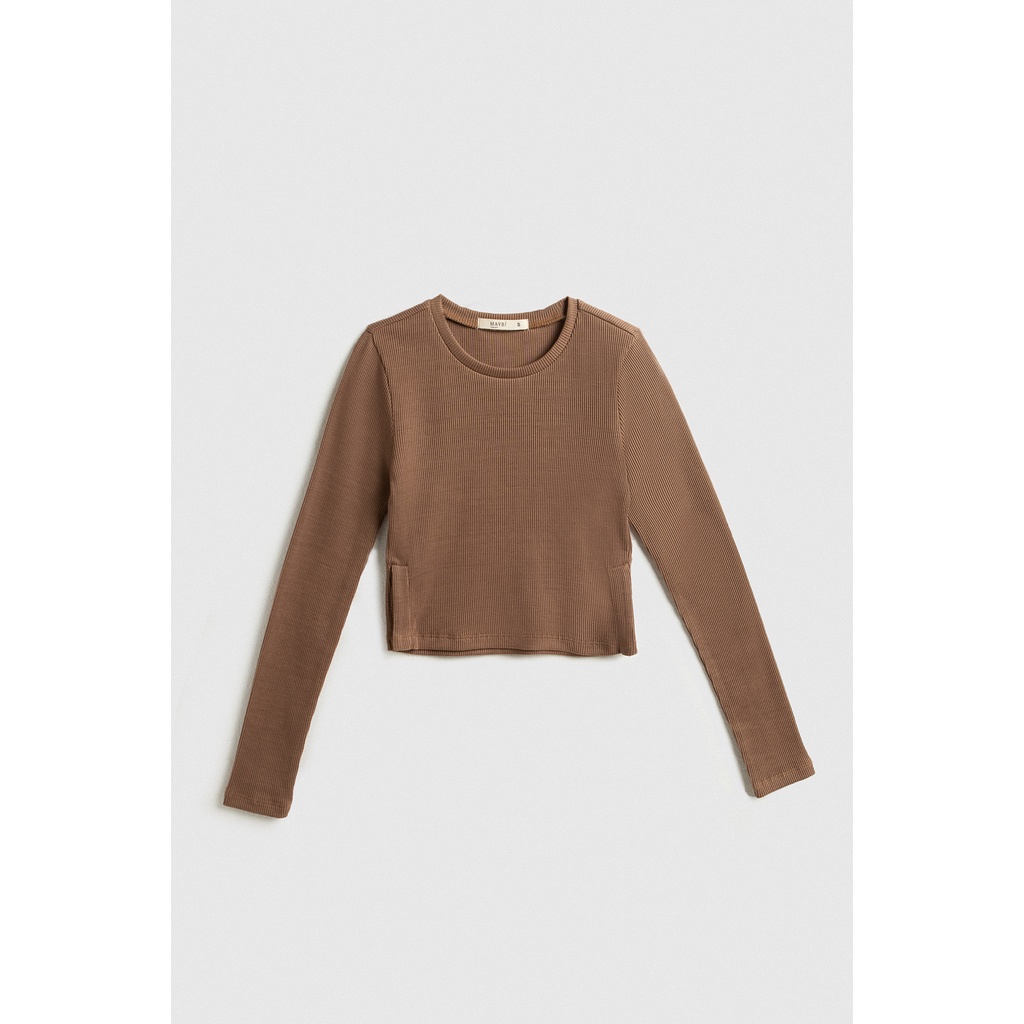 Áo croptop Maybi ôm thun gân cổ tròn tay dài