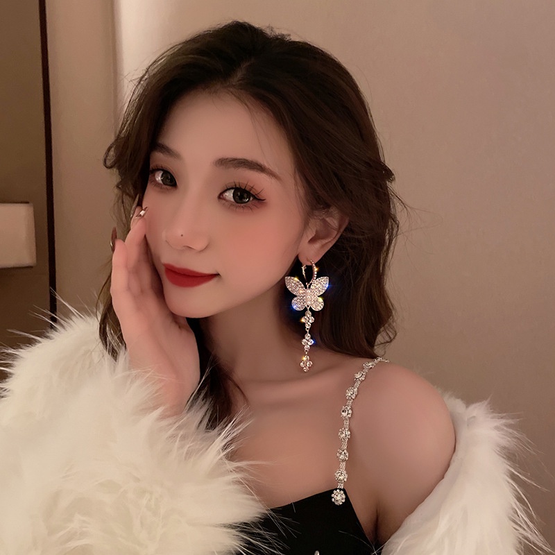 Bông Tai Mạ Bạc 925 Hình Bướm Đính Đá Thời Trang Hàn Quốc Sang Trọng Cho Nữ