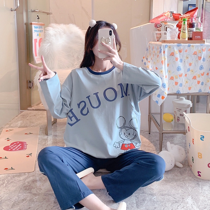 Bộ đồ bầu mặc nhà hình Chuột, Bộ bộ sau sinh chất cotton phong cách trẻ trung, năng động