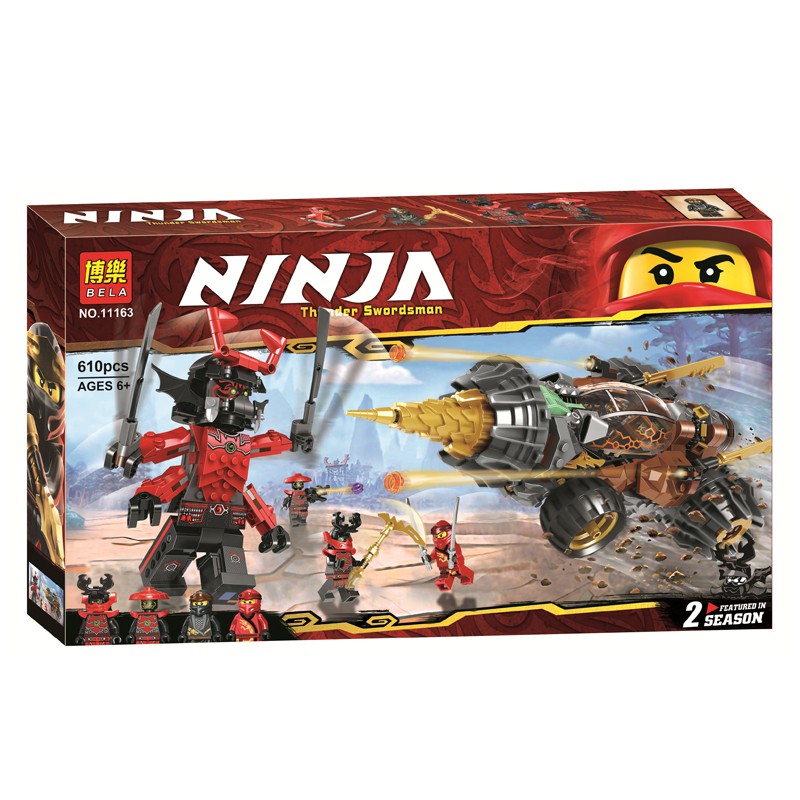 Đồ chơi lắp ráp xếp hình logo ninjago máy khoan của ninja đen cole, đỏ kai và mech robot samurai Bela 11163.