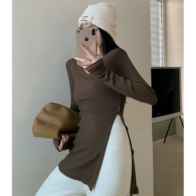 Áo kiểu tay dài dệt kim ôm vừa vặn thời trang dành cho nữ