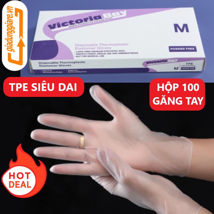 Hộp 100 Găng tay cao su VictoriaBay làm bếp vệ sinh siêu dai chất liệu TPE không mùi (Đủ SIZE : L-M-S)