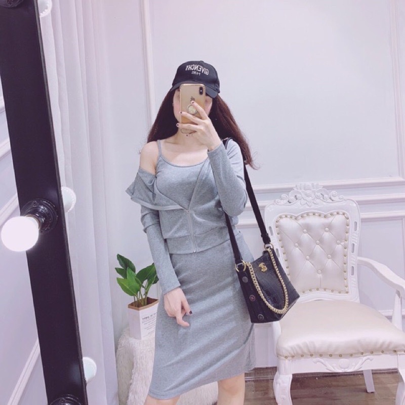 Set váy body 2 dây kèm áo khoác có mũ kéo khoá