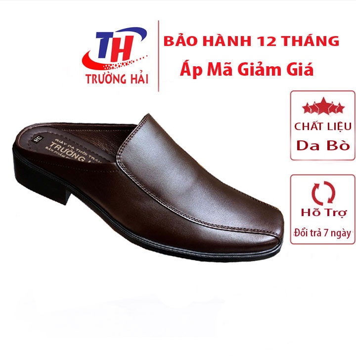 Dép Nam Bít Mũi Trường Hải Cao 3.5cm Da Bò thật Màu Nâu may đế chắc chắn DN170