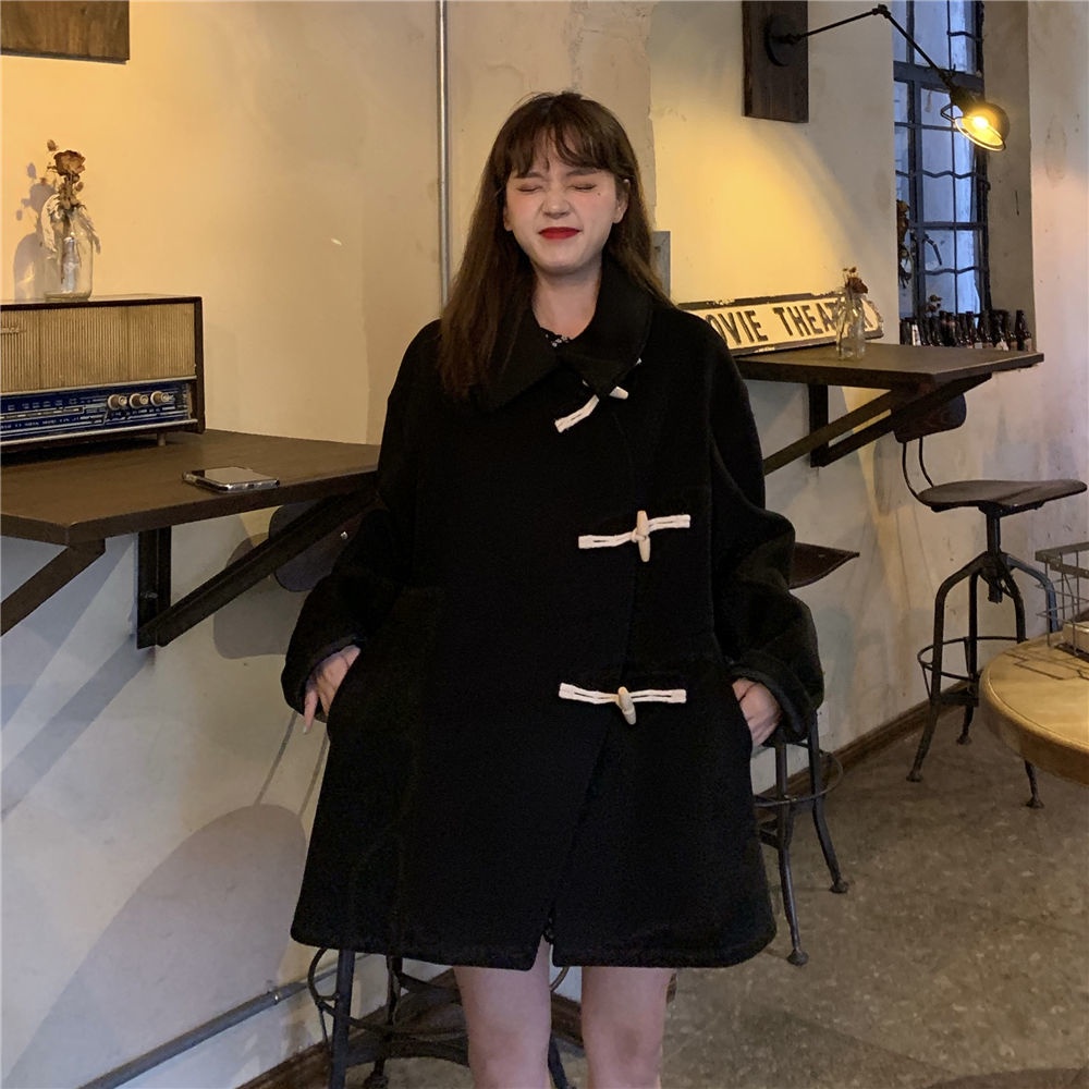 Áo Khoác Len Màu Đen Dáng Rộng Phối Nút Phong Cách Hàn Quốc Thời Trang Thu Đông Cho Nữ