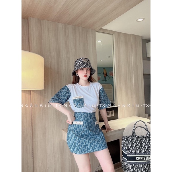 Set bộ 3 món kèm mũ, áo thun mix chân váy túi hộp (hoạ tiết Di.or sang chảnh đi chơi cá tính)