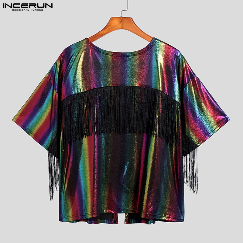 INCERUN Áo Khoác Cardigan Ngắn Tay Họa Tiết Kẻ Sọc Phối Tua Rua Thời Trang Đi Biển Cho Nam