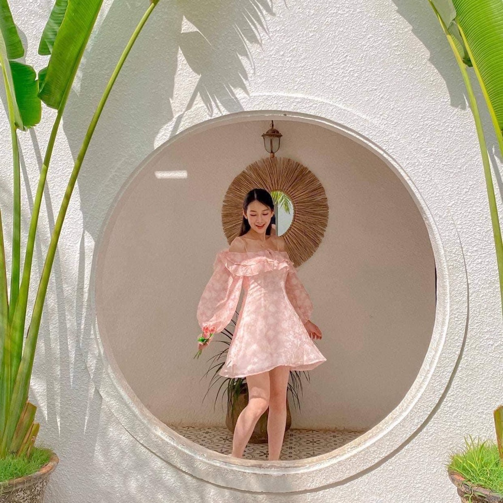 Váy hoa trễ vai bèo tiểu thư voan ý hoạ tiết hoa nổi, đầm hoa trễ vai dáng xoè dự tiệc sang chảnh