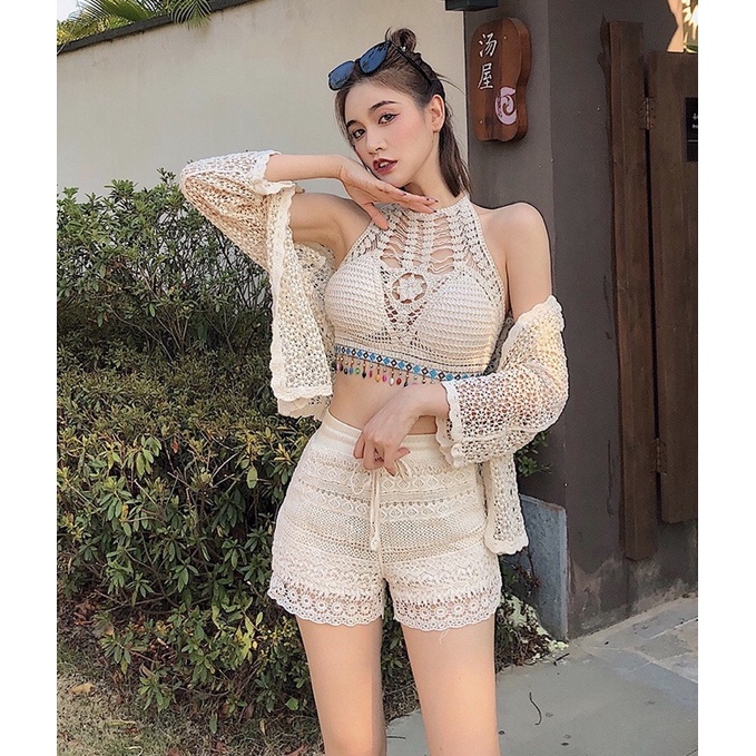 Đồ bơi nữ, bikini 2 mảnh kèm áo choàng len mỏng, trẻ trung, năng động | BigBuy360 - bigbuy360.vn