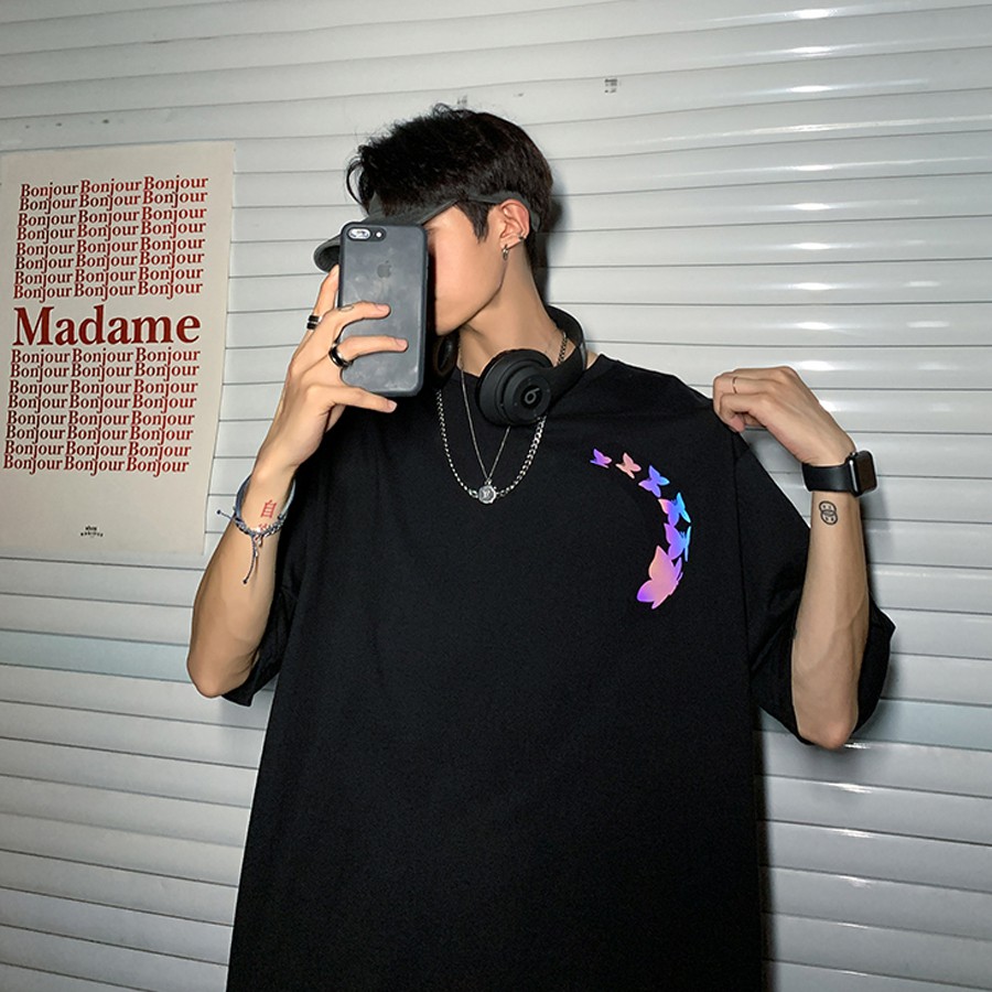 Áo Thun Phản Quang 7 Màu Tay Lỡ Unisex Nam Nữ Bướm 2