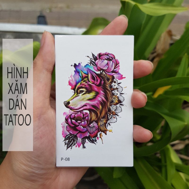 Hình xăm chó sói mini p08. Xăm dán tatoo mini tạm thời, size &lt;10x6cm