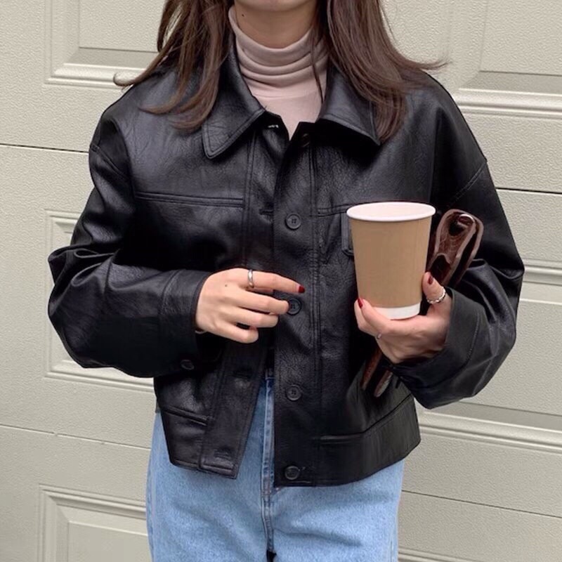 Áo khoác da croptop basic, áo khoác da nữ màu đen phong cách ulzzang trẻ trung năng động mặc đi chơi đi học, TONGKHO