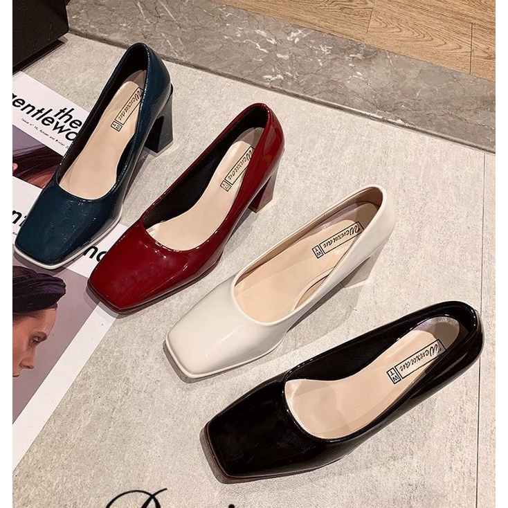 Giày cao gót nữ WOMENSTORY guốc mũi vuông đế 7cm da PU bóng cao cấp thời trang công sở 4 màu trẻ trung MS 209