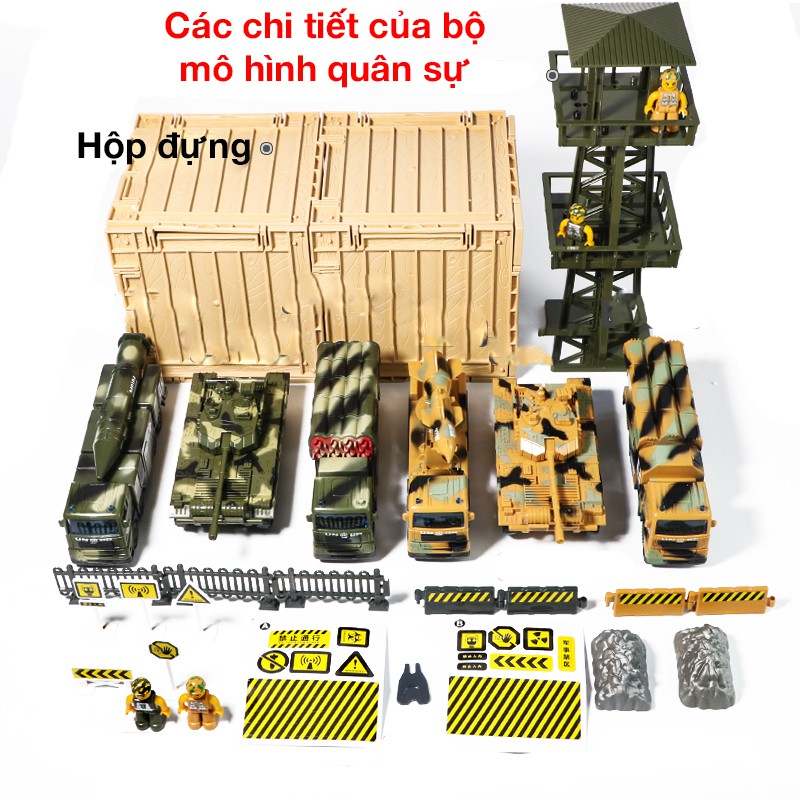 Bộ đồ chơi xe tăng xe tên lửa cho bé với nhiều chi tiết gồm 6 xe, đài gác, 4 hình người có hộp đựng