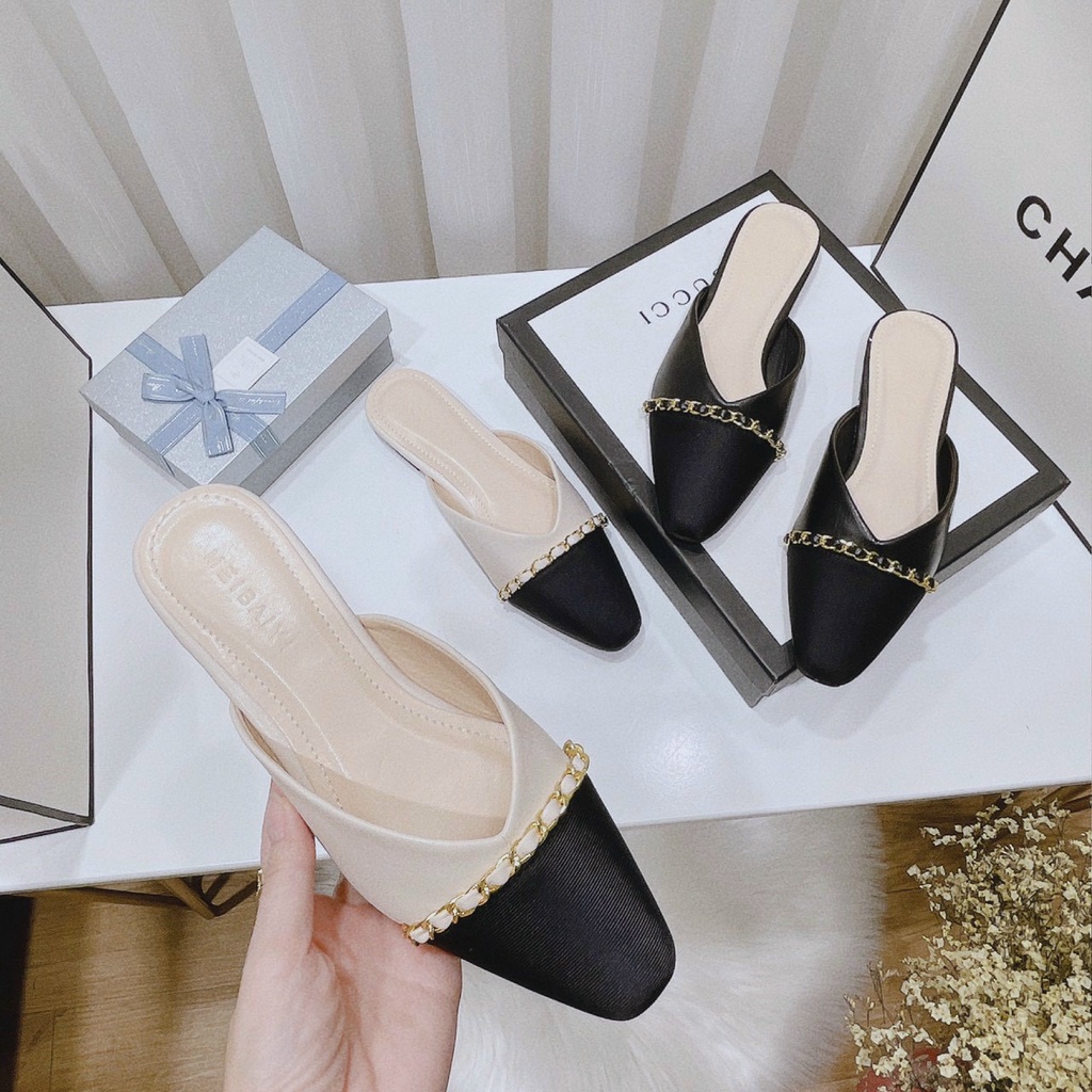 (S105) Dép sục nữ pha da mũi gân quai ngang xích sang chảnh (Mã N-1)