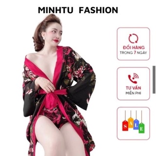 Áo Choàng Ngủ Voan Xuyên Thấu, Áo Choàng Ngủ Kimono Kèm Quần Gợi Cảm Quyến Rủ Cho Nữ.