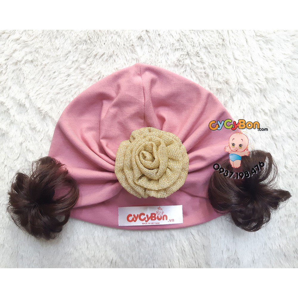 Mũ Nón Turban Cho Bé Thun Cotton Đính Bông Hồng Cuốn Vàng Kim Tuyến Kèm Tóc Giả - Có Đủ Size Từ Sơ Sinh !