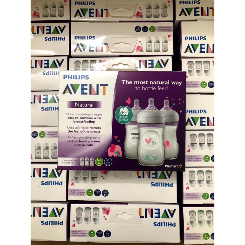 Bình sữa Avent Natural 260ml Xanh - Hồng hoạ tiết