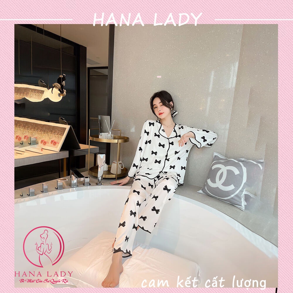 Đồ ngủ nữ - Bộ ngủ lụa pijama dài tay mặc nhà họa tiết nơ cao cấp Hana Lady PJ504