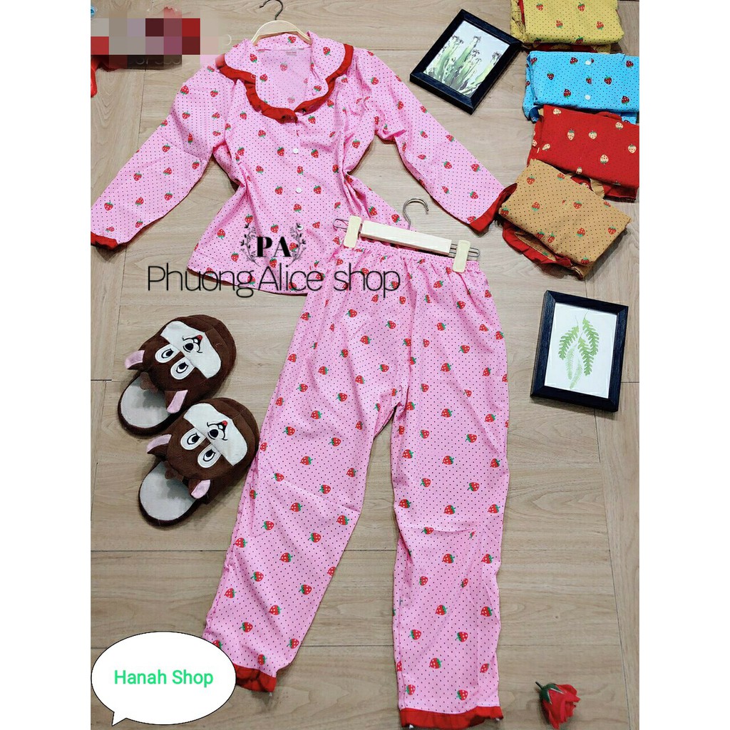 Đồ bộ tiểu thư nữ mặc nhà, quả dâu tay dài, lụa mát, mịn, thấm hút, cute, giá rẻ, form 40-57kg