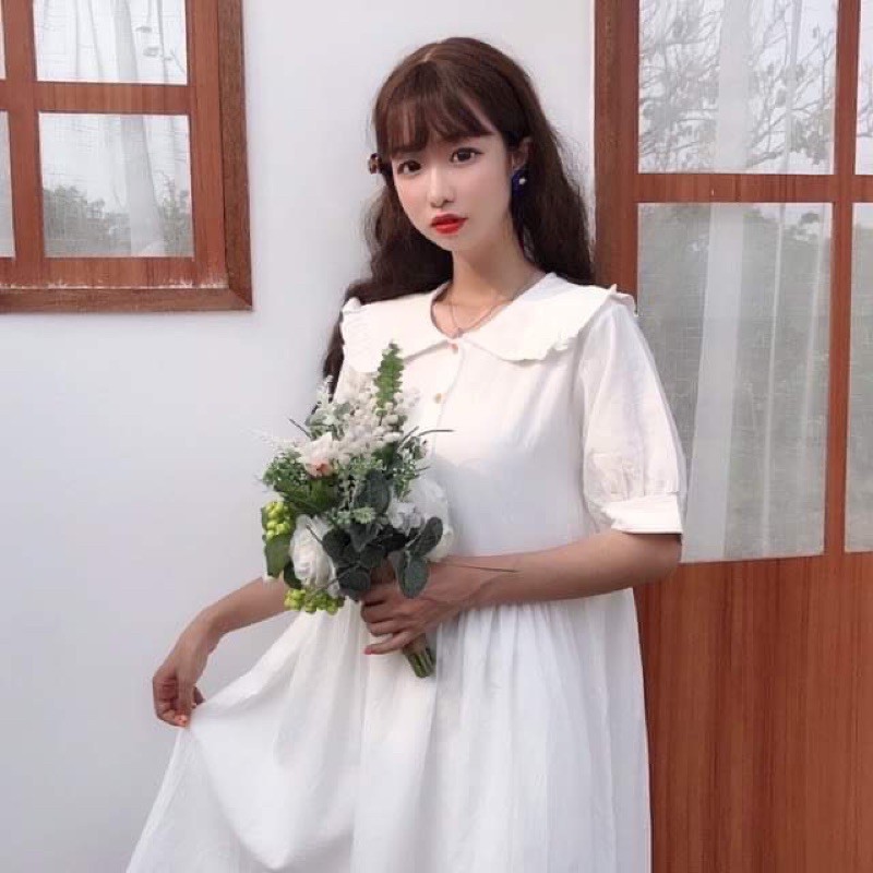 ĐẦM BABYDOLL CỔ BÈO KHUY CÀI ❤️VÁY dáng XOÈ TAY NGẮN❤️ CHẤT KATE MÁT MỊN