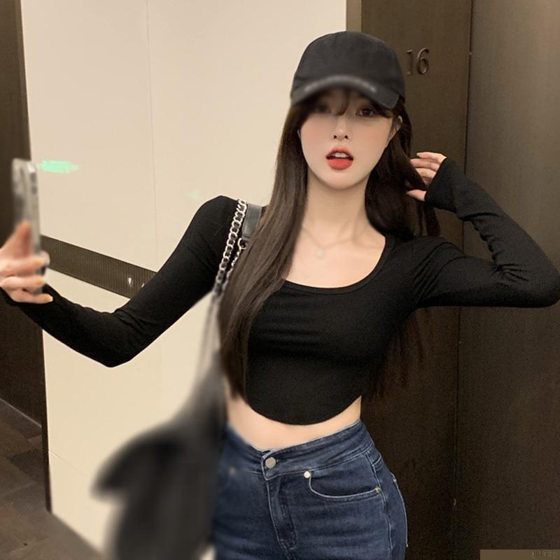 Áo thun croptop tay dài cổ tròn dáng ôm màu trơn phong cách Hàn Quốc thời trang cho nữ