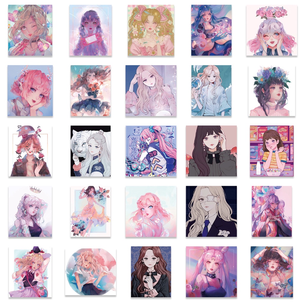 Set 50 tấm sticker chống thấm nước GIRL ANIME DISCO cá tính dán laptop, vali, nón bảo hiểm, vật dụng