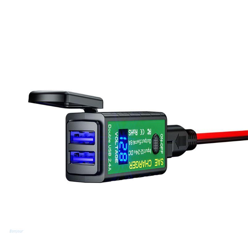 Bộ sạc trên xe máy Bonjour hai cổng USB 2.4A có công tắc vôn kế và vôn kế cho điện thoại di động/máy tính bảng GPS