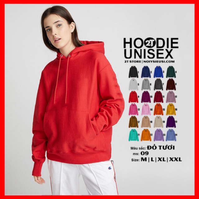 Áo hoodie unisex 2T Store H09 màu đỏ tươi - Áo khoác nỉ chui đầu nón 2 lớp dày dặn chất lượng đẹp | BigBuy360 - bigbuy360.vn