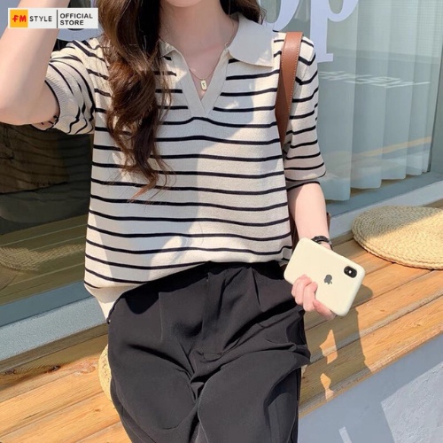 Áo kiểu nữ Fm Style polo sọc ngang chất vải dệt kim mang đi học đi chơi phong cách đơn giản 210717045