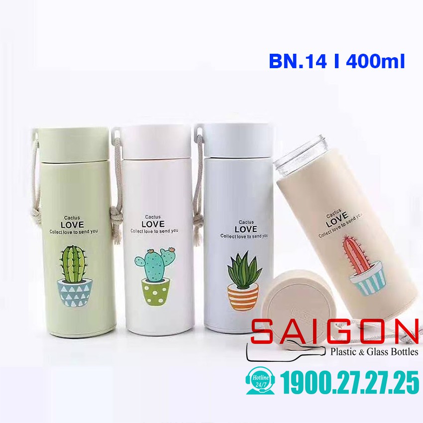 Bình Thủy Tinh Bọc Nhựa PP Giữ Nhiệt 400ml ( BN.14)