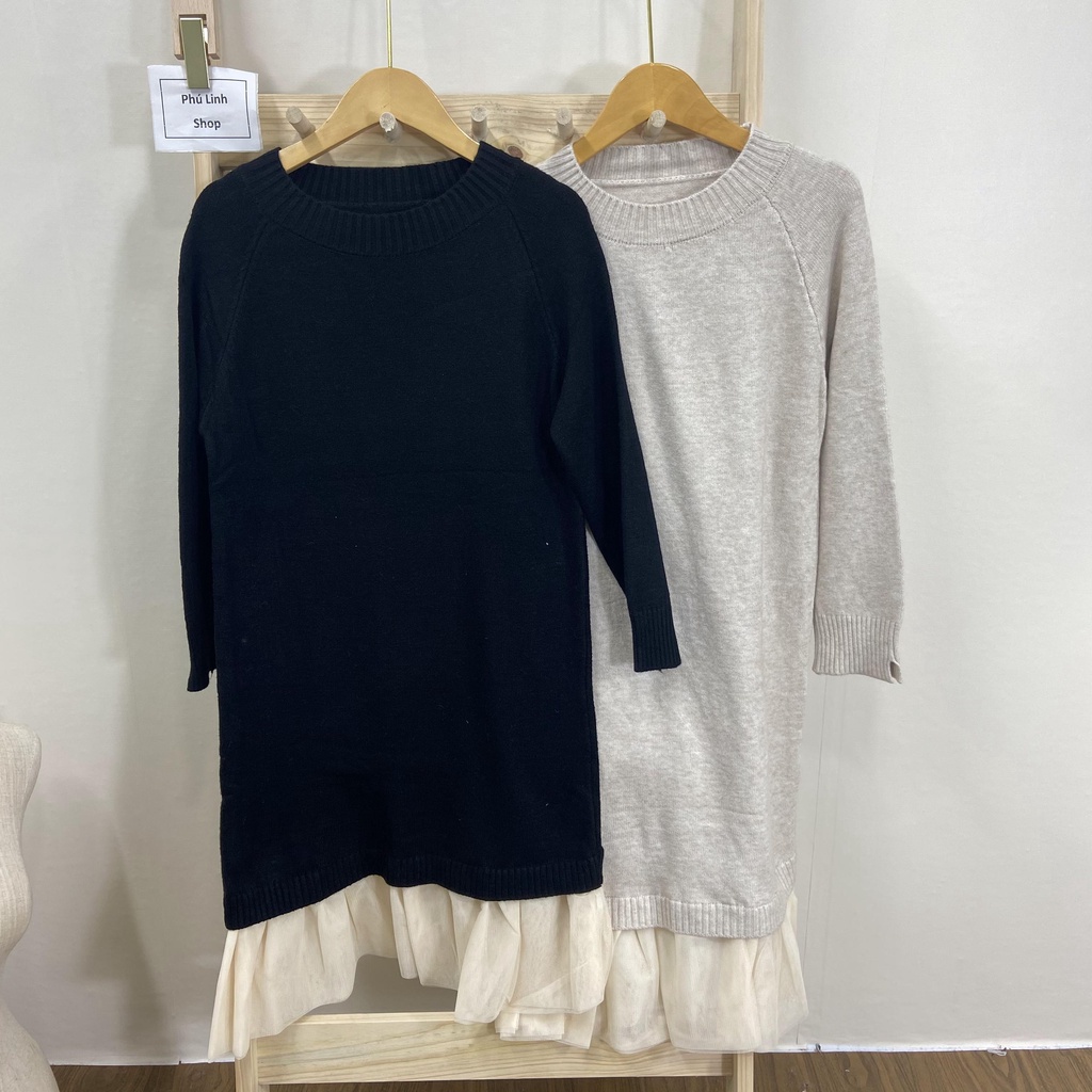 MS838 Váy đầm len nữ trơn chân ren 2 tầng tiểu thư