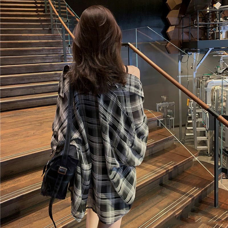 Áo Khoác Sơ Mi Nữ Tay Dài Sọc Caro Ulzzang