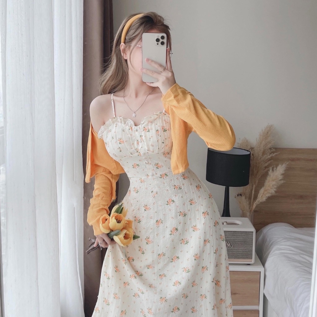 Đầm Hai Dây Hoa  Kết Hợp Áo Khoác Cadigan Len Xốp Cùng Màu HT50 HaLuu Store Thích Hợp Cho Nữ