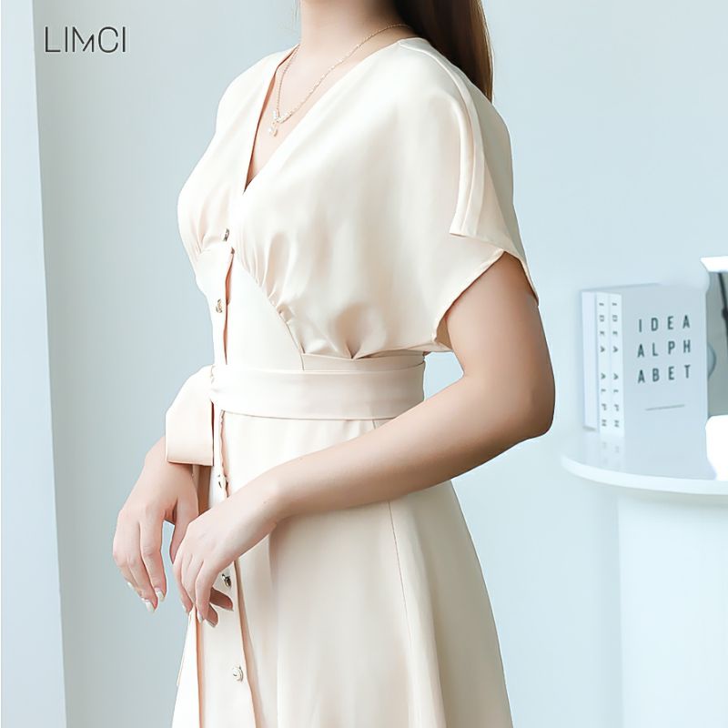 Váy vintage Hàn Quốc cổ tim cộc tay có eo thắt nơ siêu xinh LV14B