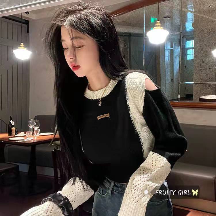 Áo Sweater Dệt Kim Hở Vai Phối Màu Trắng Đen Thời Trang 2022