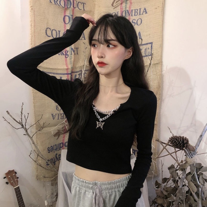 Áo Thun Ngắn Tay Dài Màu Đen Phối Dây Xích Phong Cách Hàn Quốc Cho Nữ
