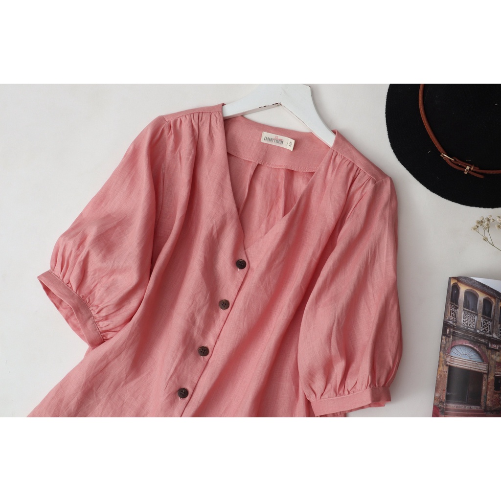 Áo li vai Linen KANAMY tay phồng màu hồng