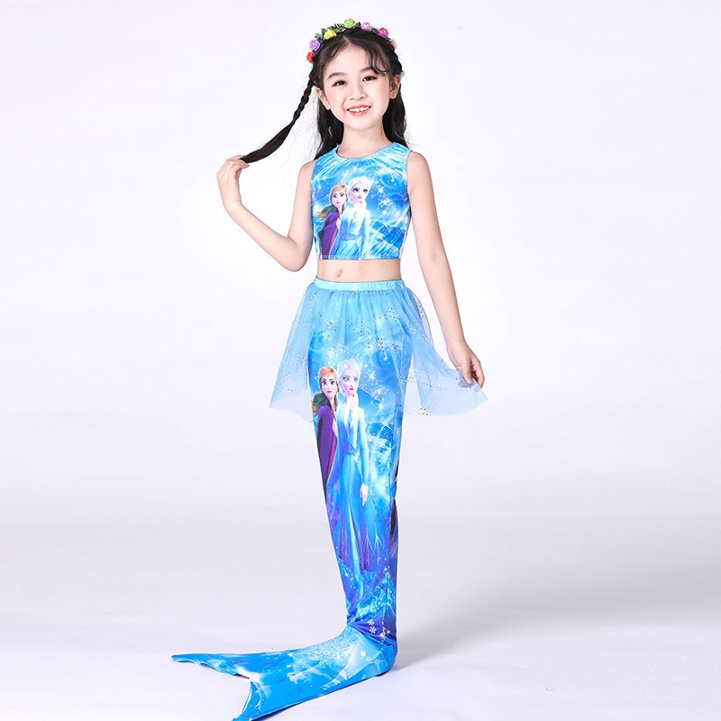 Bộ Đồ Bơi Bốn Mảnh Hình Nàng Tiên Cá Màu Xanh Đỏ Cho Bé Gái AKKU