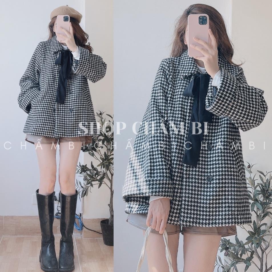Áo khoác mùa đông A.110, Áo dạ kẻ caro đen trắng cổ đức thắt nơ đen tay rộng tiểu thư | BigBuy360 - bigbuy360.vn