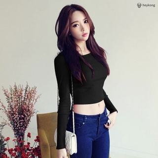 Áo crop top nữ dài tay cổ tròn thời trang