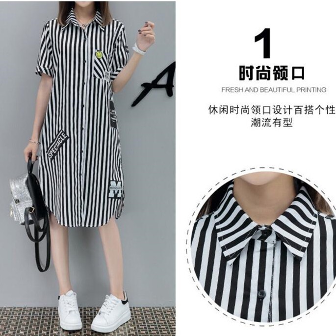 Đầm Sơ Mi Tay Ngắn Kẻ Sọc Dọc Phong Cách Hàn Quốc Size S-5xl