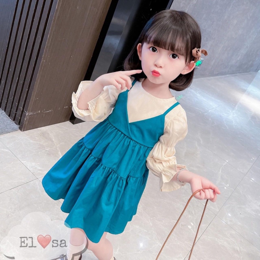 Váy Yếm Thắt Nơ Dài Tay Bồng Sang Chảnh Xinh Đẹp Cho Bé Gái 8-25kg